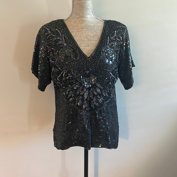 Gold Star Vintage Sequin Hand Beaded Blouse black new with tags size medium - Picture 1 of 9
